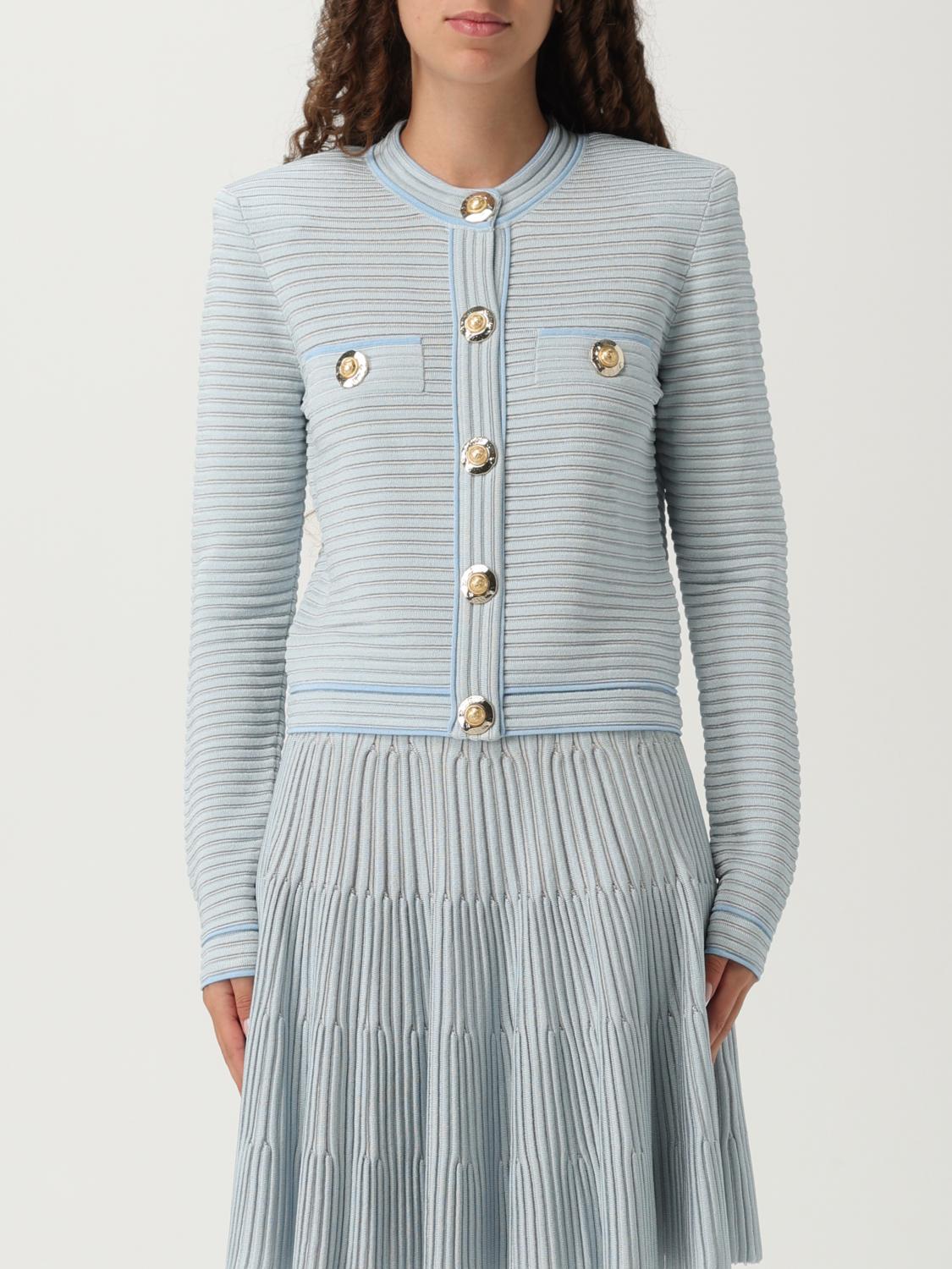 Balmain Long Sleeve Horizontal Rib Cardigan In Blue
