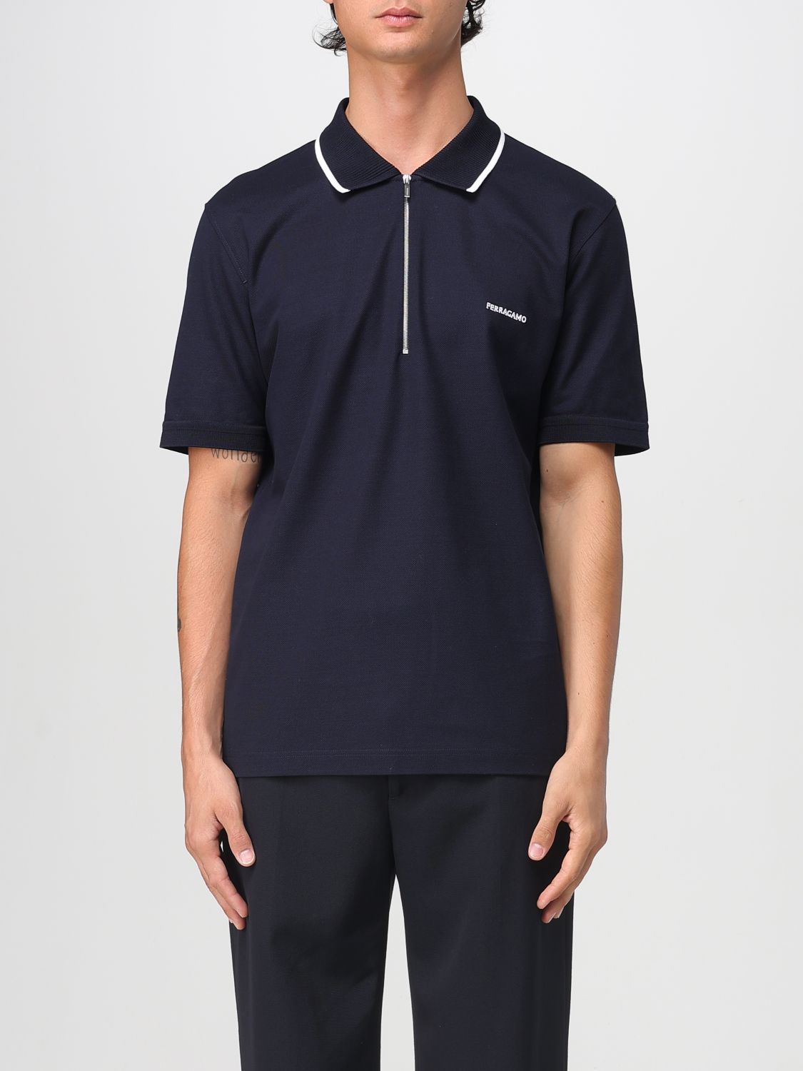 Ferragamo Cotton Polo Shirt With Zip Closure In Blue