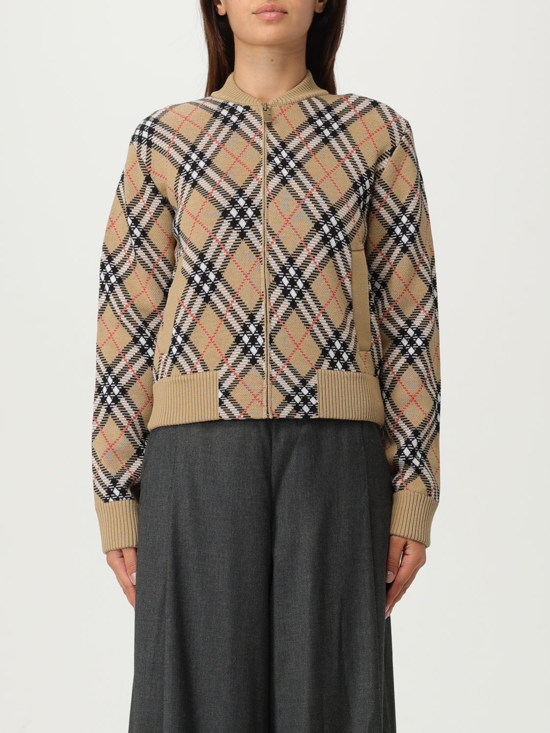 Burberry Check Wool Zip-up Cardigan In Brown