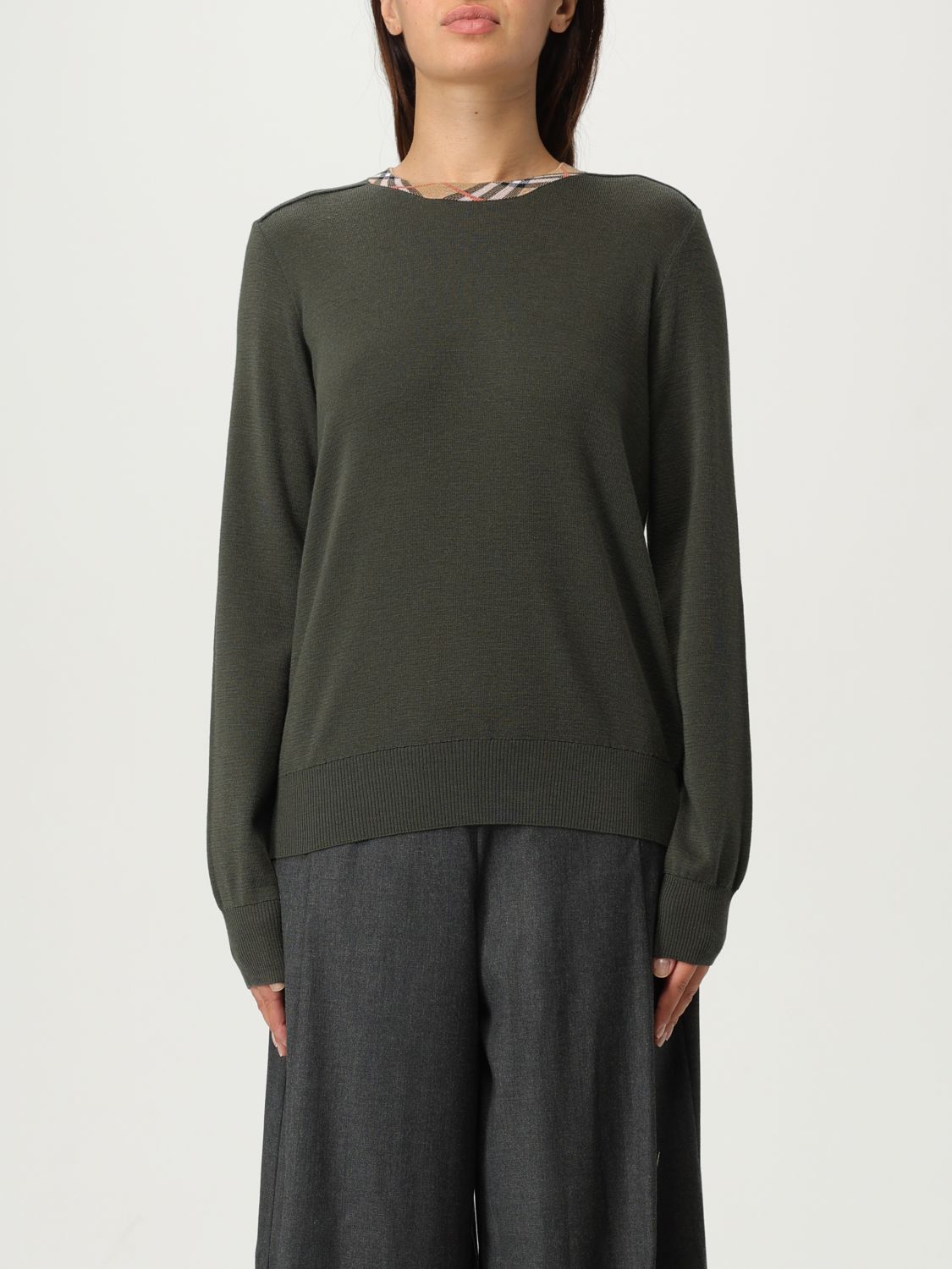 Burberry Ribbed-neck Sweater With Distinctive Check Detail In Green