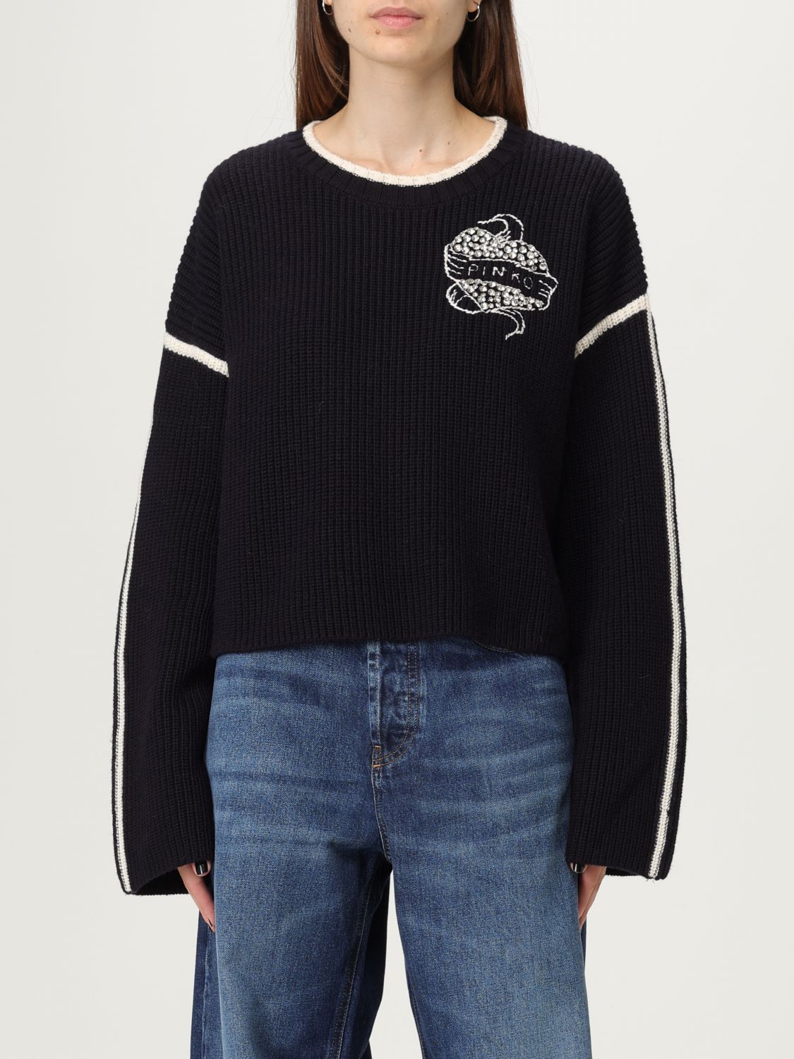 Pinko Round-neck Sweater With Bejewelled Embroidery In Black