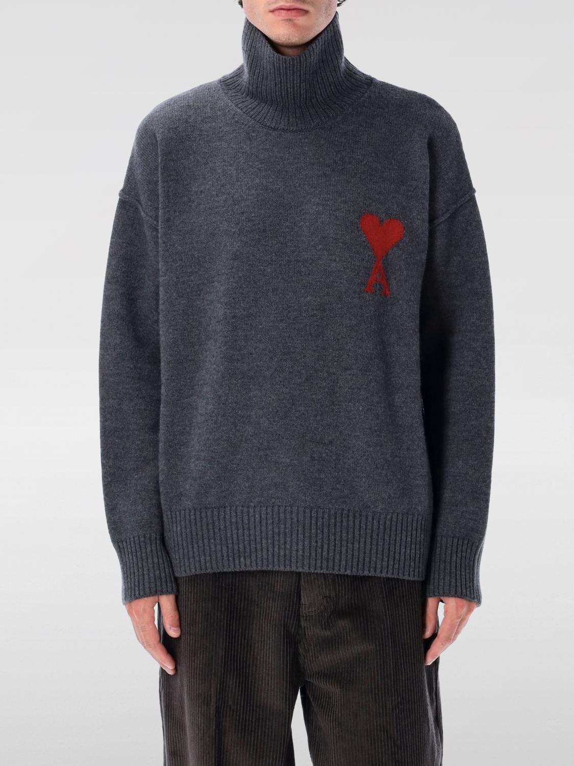 Ami Alexandre Mattiussi Ribbed High-neck Wool Sweater With Heart Emblem In Gray
