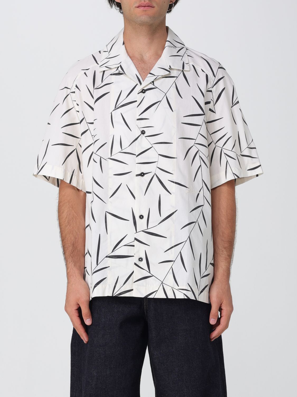 Jacquemus Short-sleeve Abstract Leaf Print Cotton Shirt In White