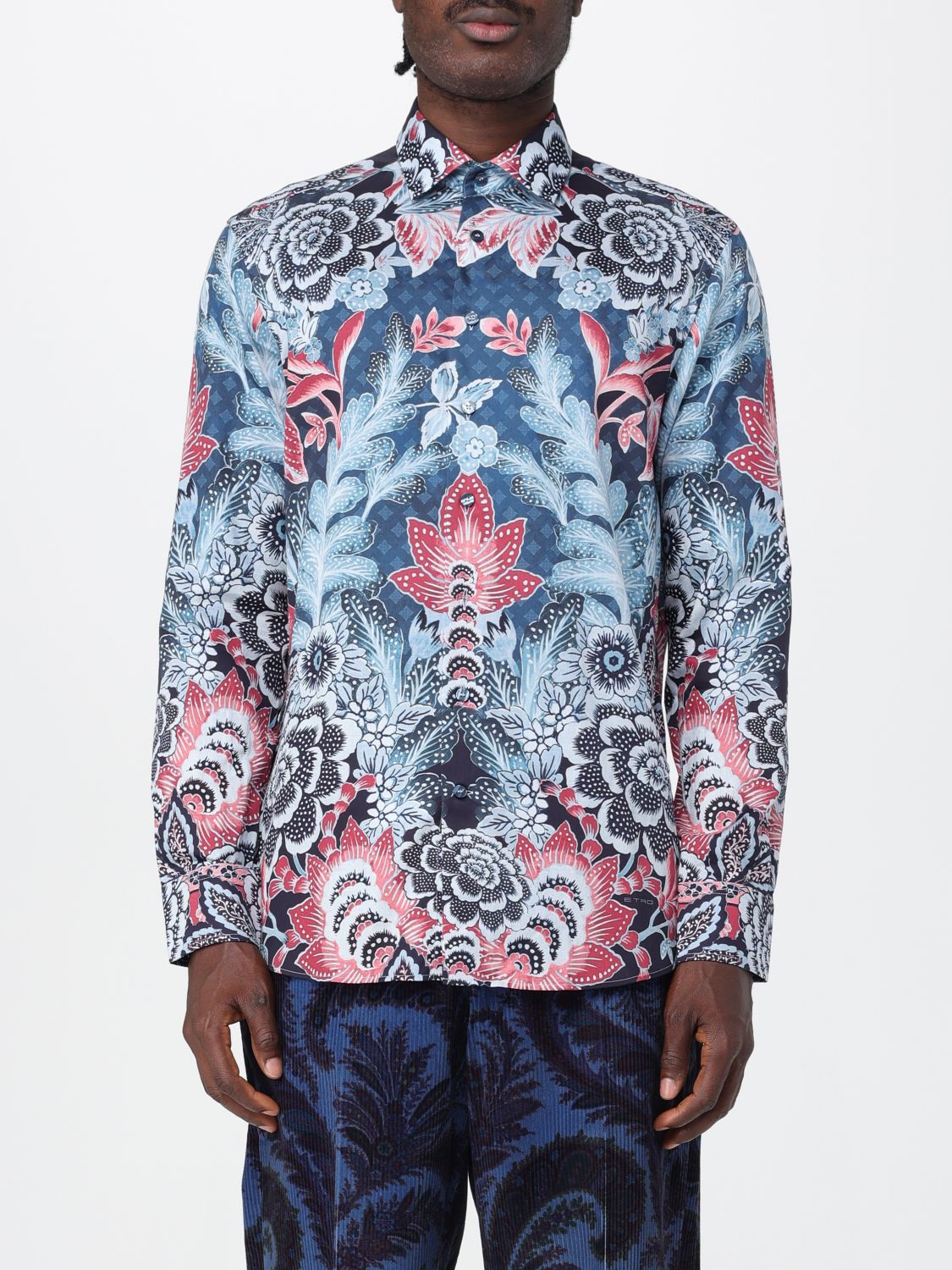 Etro Cotton Shirt With Placed Print In Blue