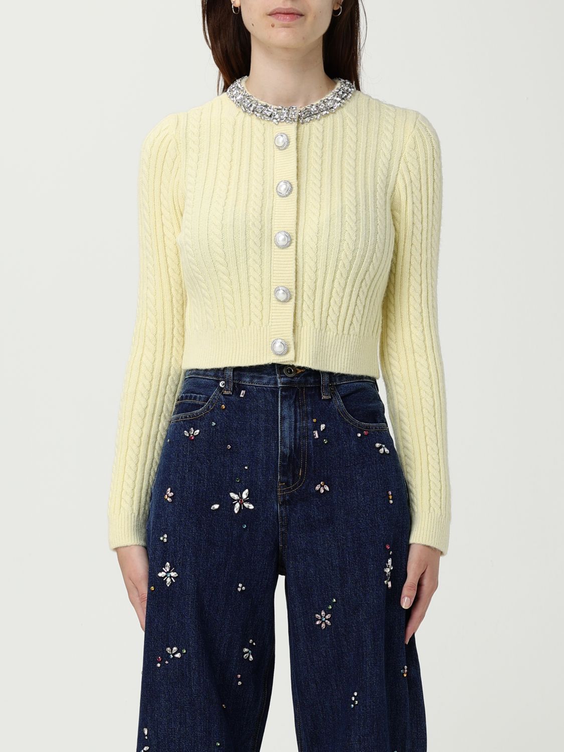 Self-portrait Crystal-embellished Cable-knit Cardigan In Yellow