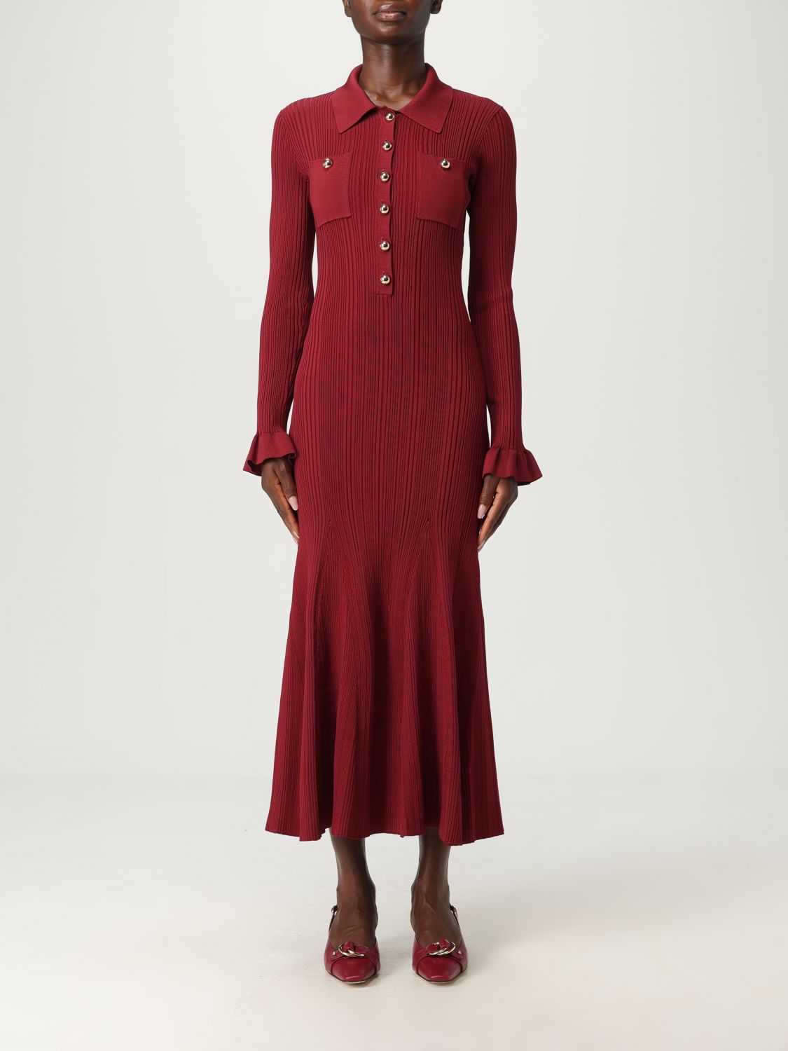 Self-portrait Button-embellished Ribbed-knit Midi Dress In Burgundy