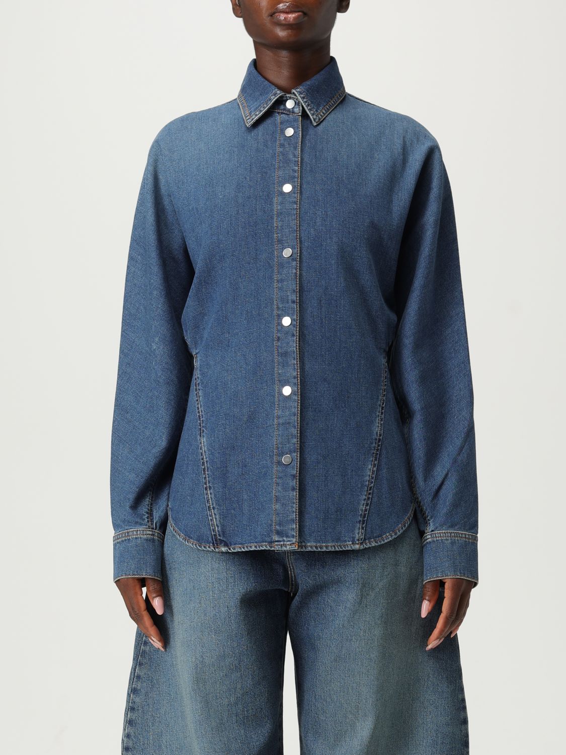 Alaïa Womens Bleu Mineral Pointed-collar Curved Denim Shirt In Blue
