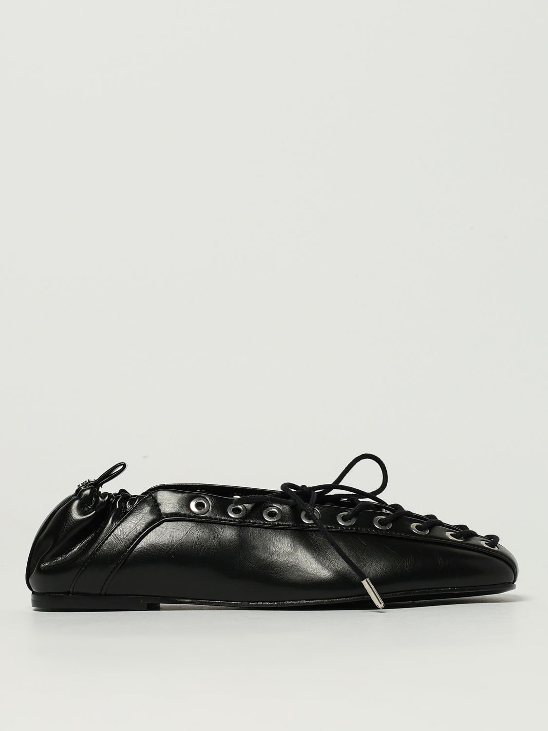 Ganni Eyelets Lace Up Ballerina Crinkle Oleatex In Black