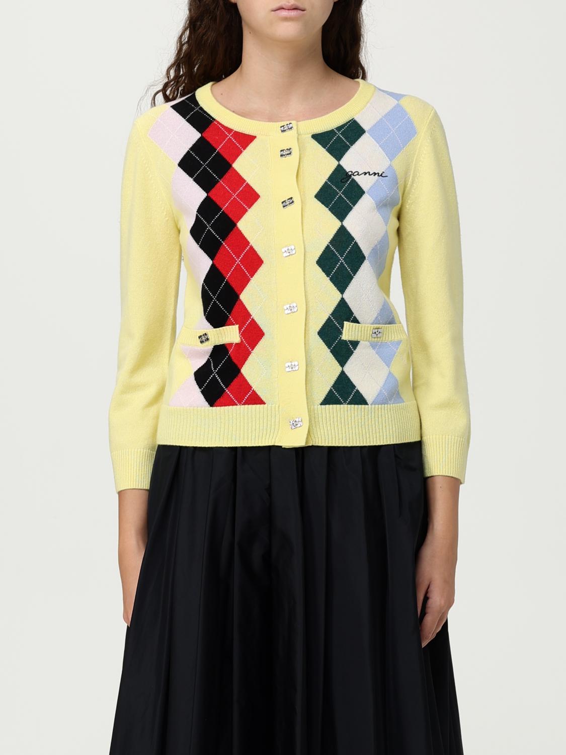 Ganni Knitwear Cardigan With Argyle Pattern And Pockets In Yellow