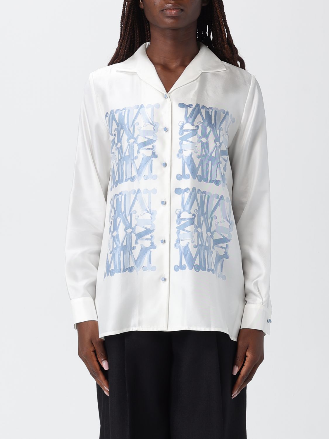 Max Mara Casual Collared Neck Graphic Print Top In White