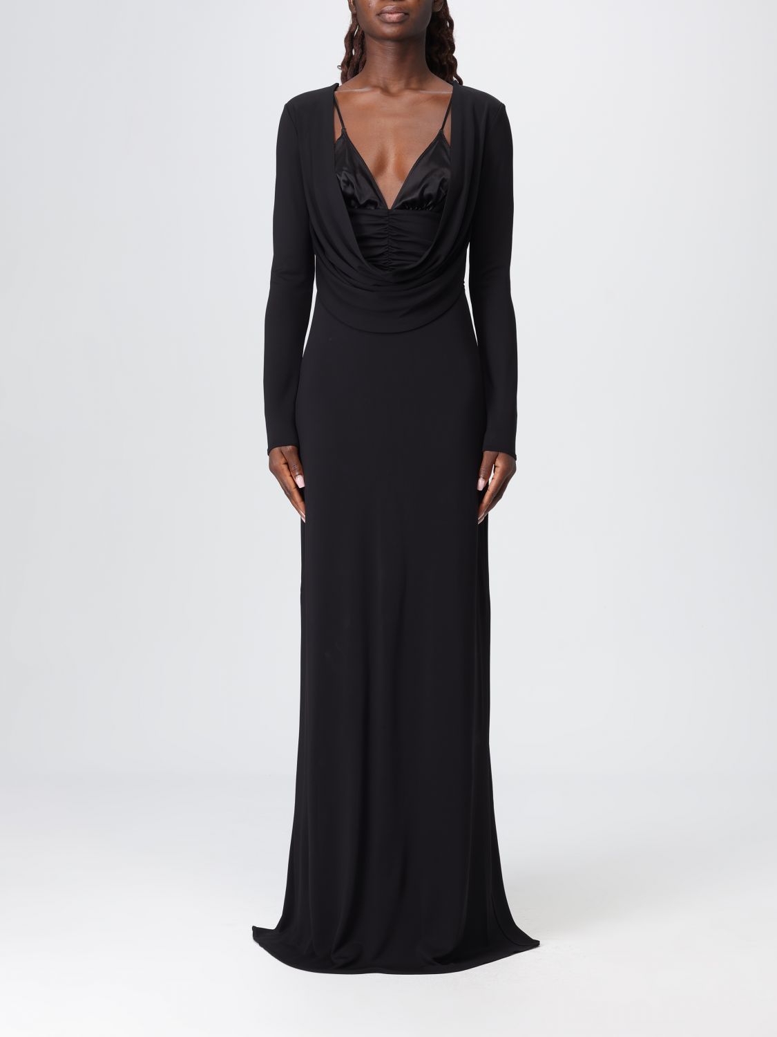 Elisabetta Franchi Draped Black Maxi Dress With Deep Neckline In Black