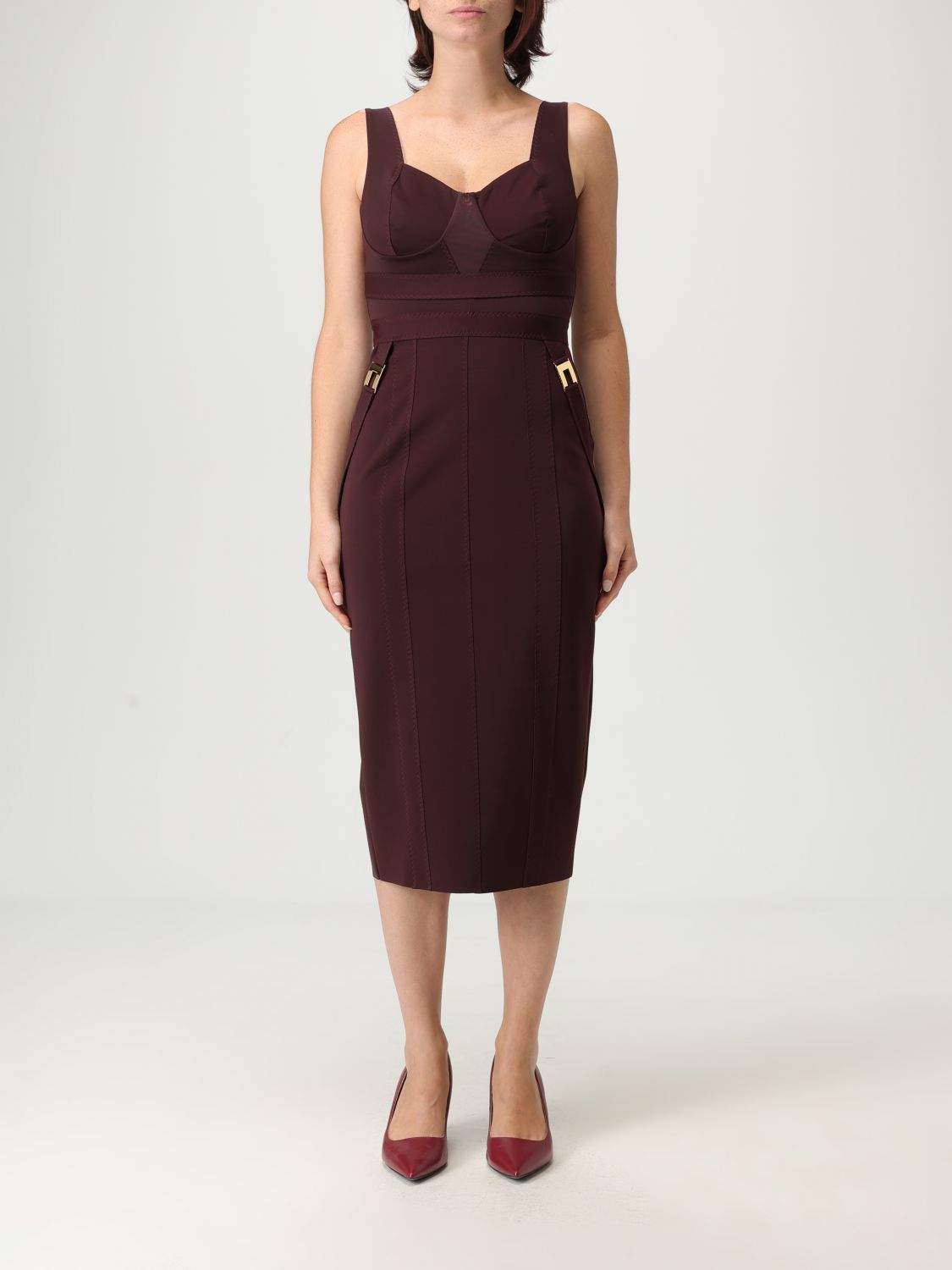 Elisabetta Franchi Fitted Midi Dress With Sweetheart Neckline In Brown