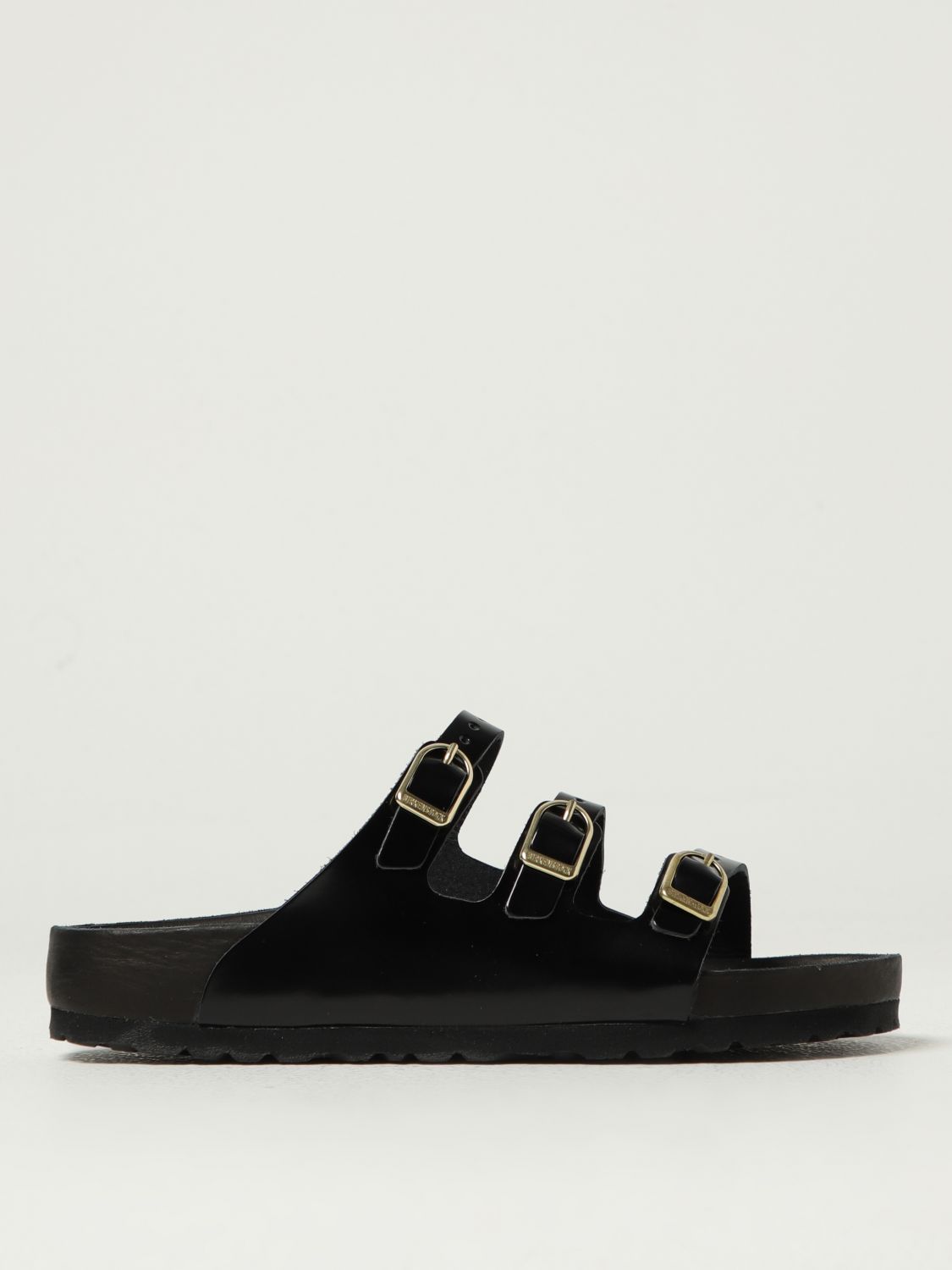 Birkenstock Arizona Sandalwood In Black Patent Leather With Three Buckles In Black