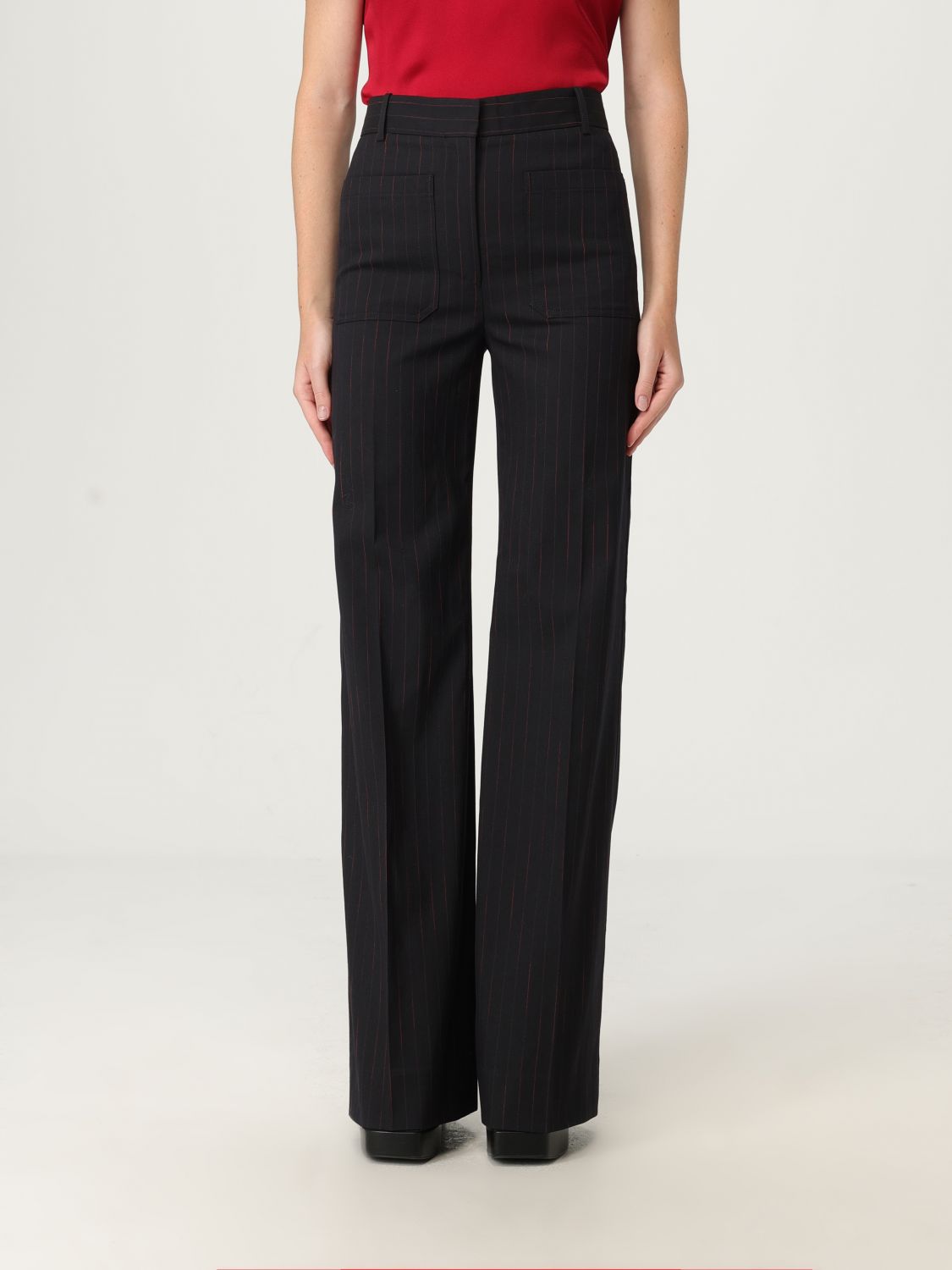 Victoria Beckham Pinstripe Wide Leg Trouser With Belt Loops In Black