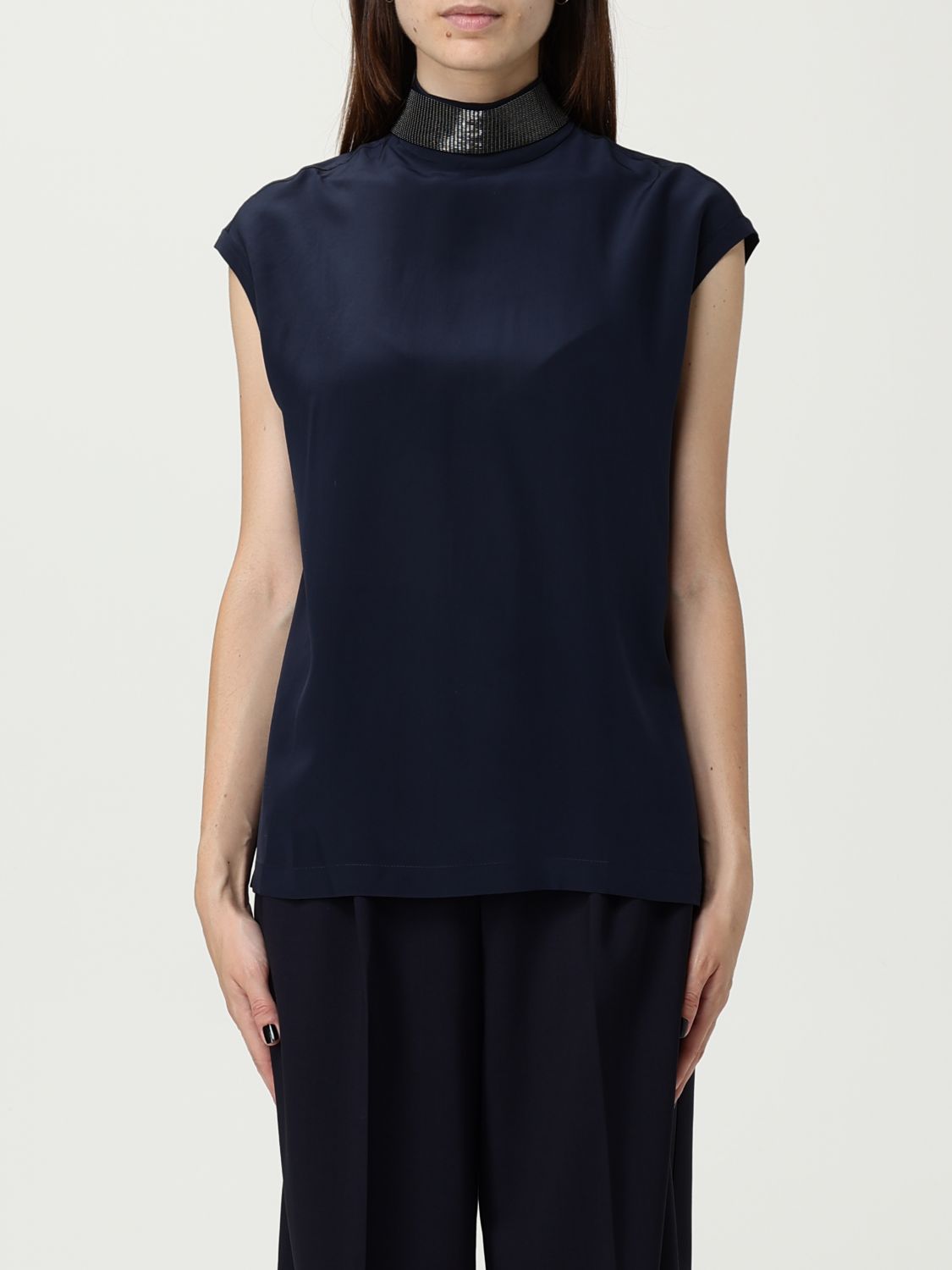 Brunello Cucinelli Embellished High-neck Top In Blue