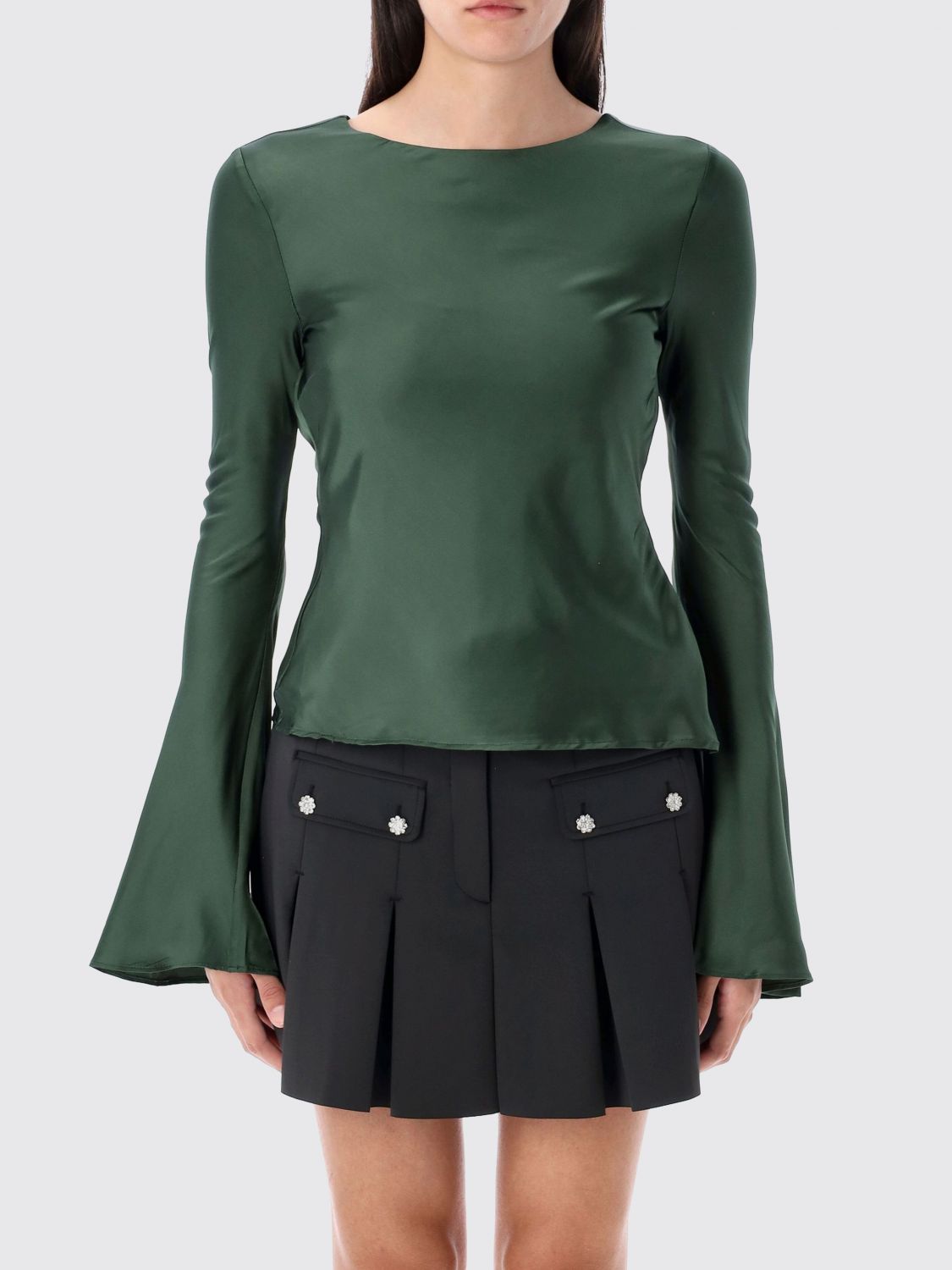 Ganni Satin Blouse With Open Back And Tie-string Closure In Green