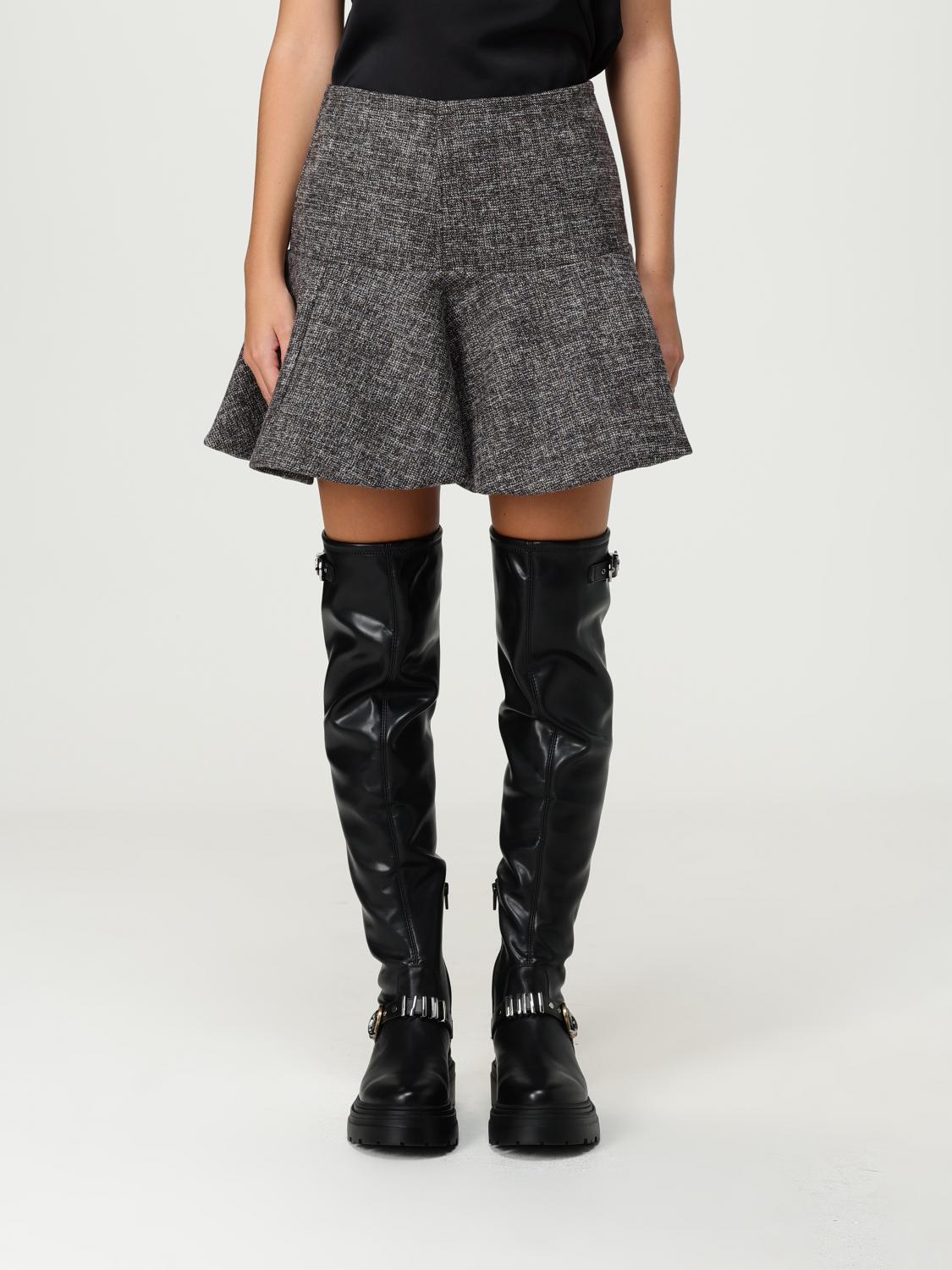 Pinko Textured Tweed Mini Skirt With Flared Ruffled Hem In Gray