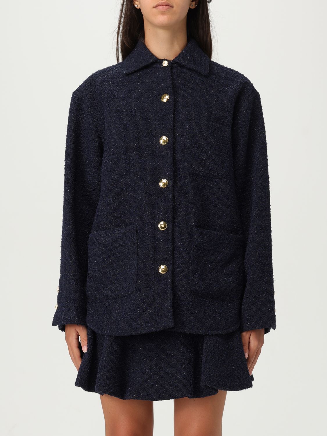 Pinko Oversized Patterned Tweed Jacket In Blue