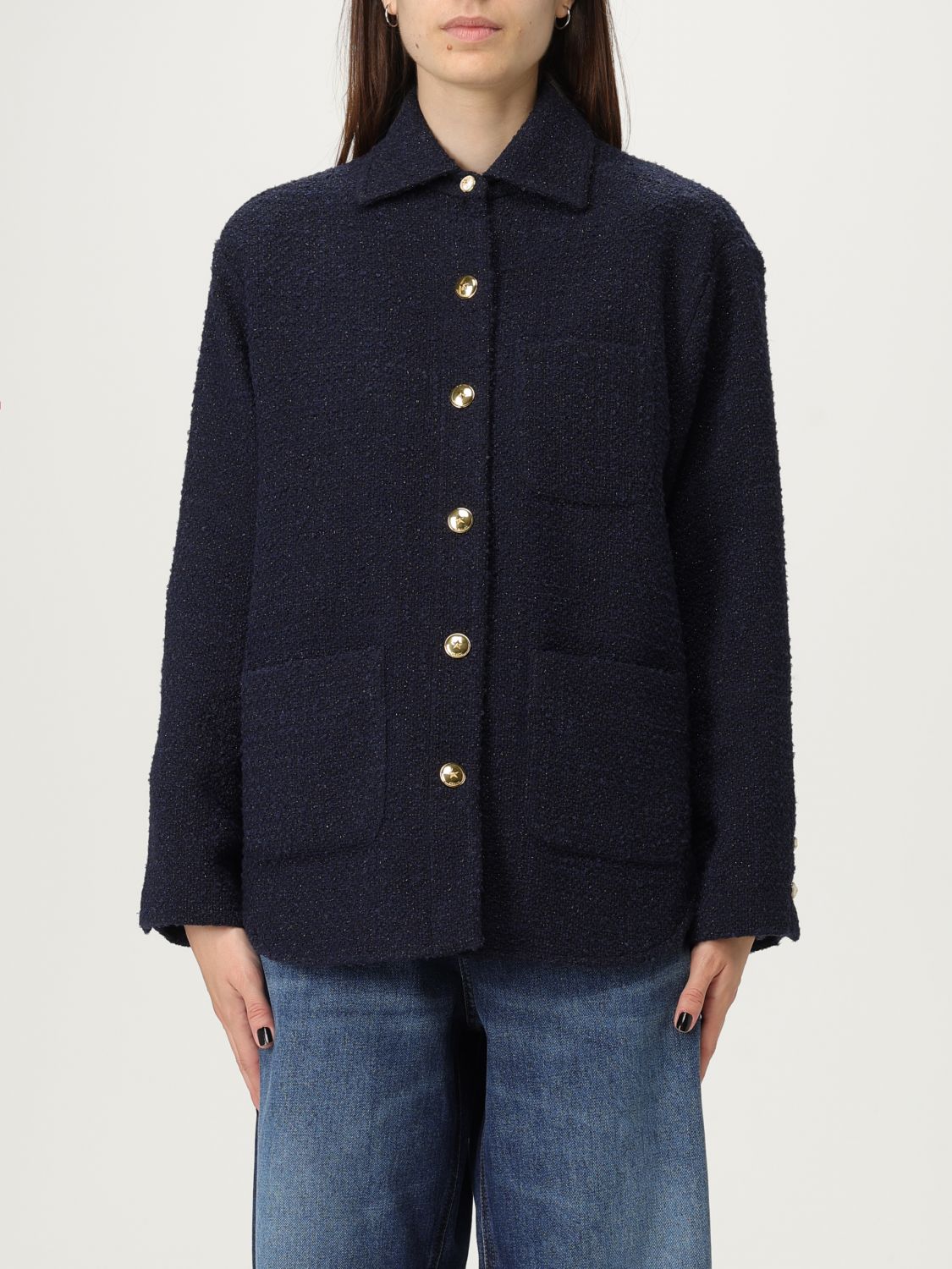Pinko Oversized Patterned Tweed Jacket In Blue