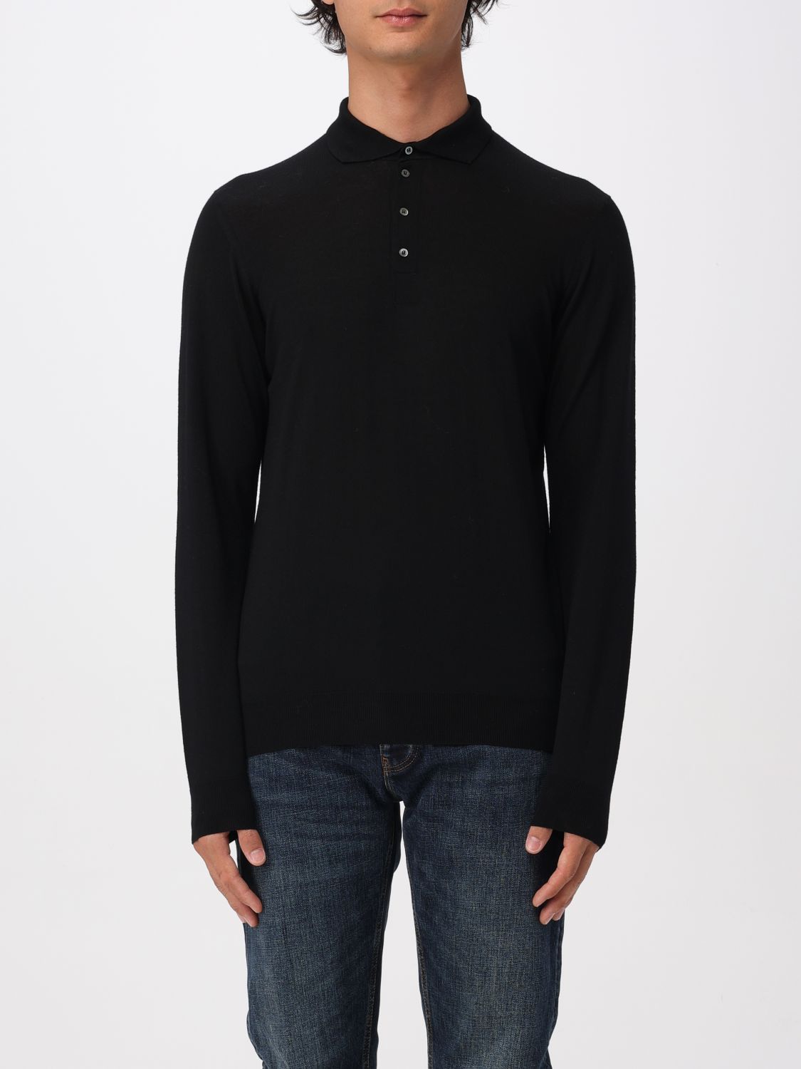 Drumohr Long-sleeved Cotton Polo With Logo Detail In Black