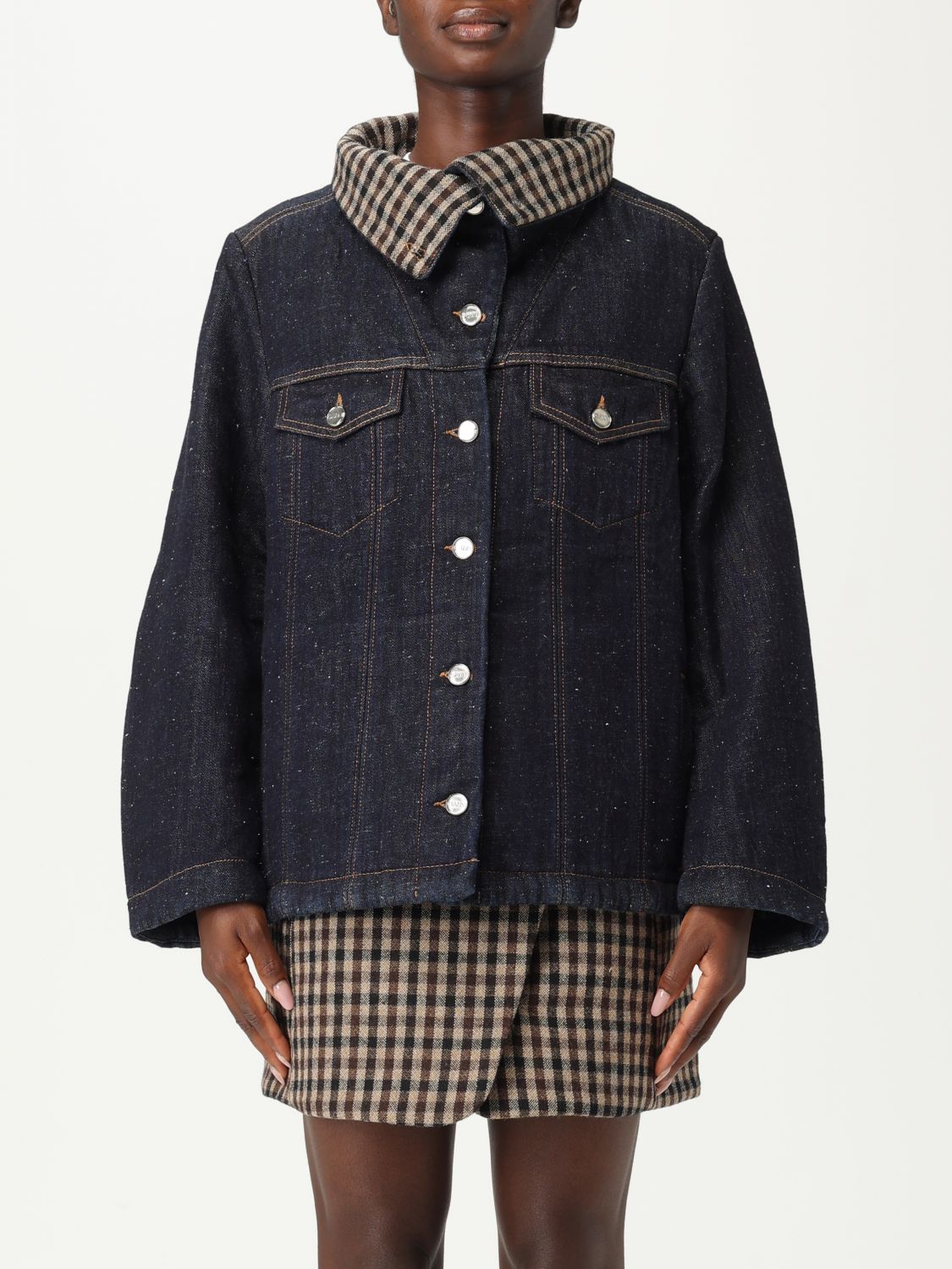 Ganni Bonded Denim Jacket Stitch Detailing In Black