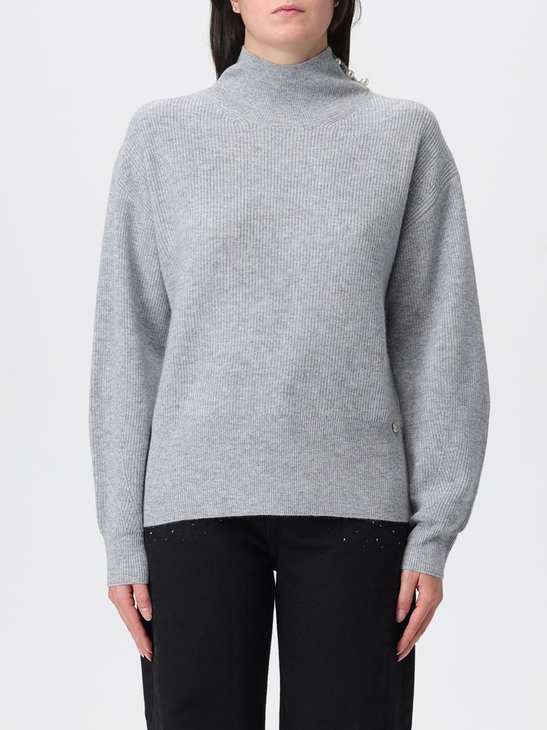 Liu •jo Ribbed Knit Sweater With Pearl Button Detail In Gray