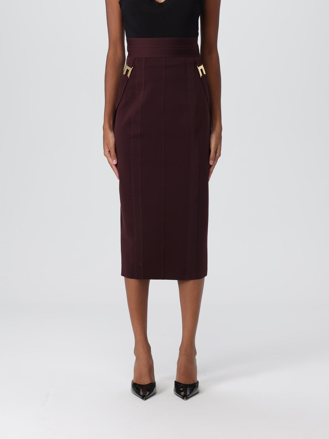 Elisabetta Franchi Gold-colored Buckle Accents Burgundy Midi Skirt In Black