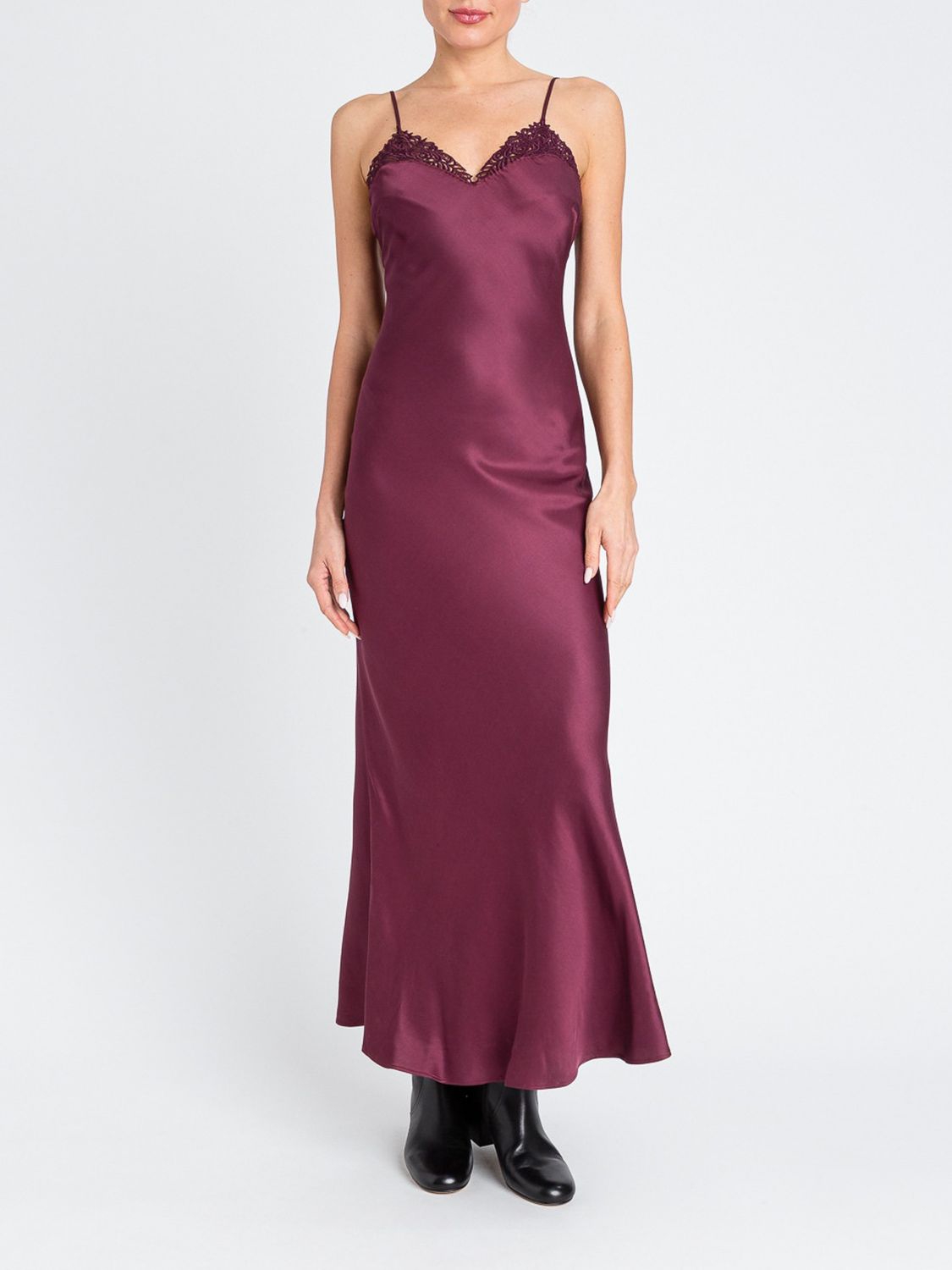 Twinset Satin Slip Dress With Lace Neckline In Burgundy