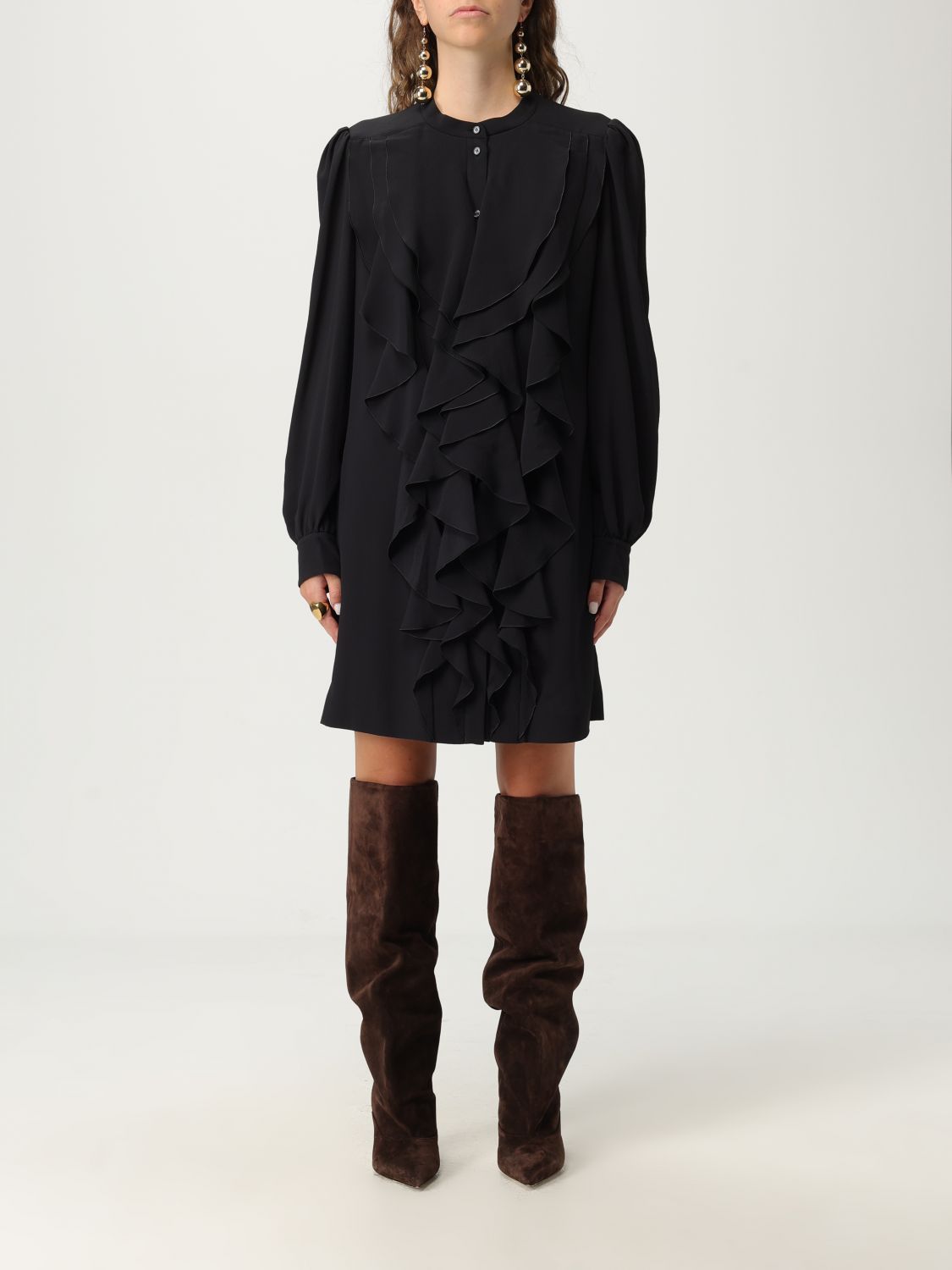 Chloé Silk Blend Ruffled Dress Long Sleeves In Black