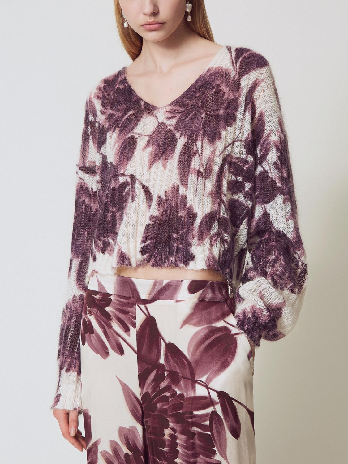 Twinset Pull En Mohair Mélangé Floral In Purple