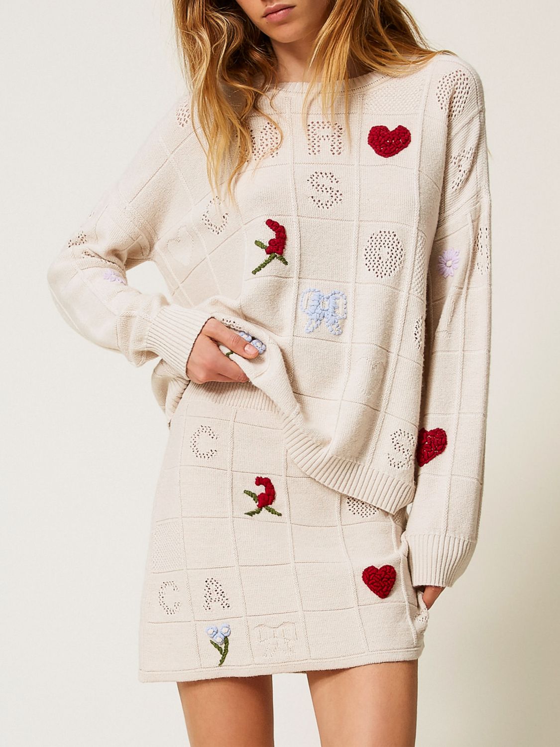 Twinset Mini-jupe En Fil Treeblend Avec Broderies In Neutral