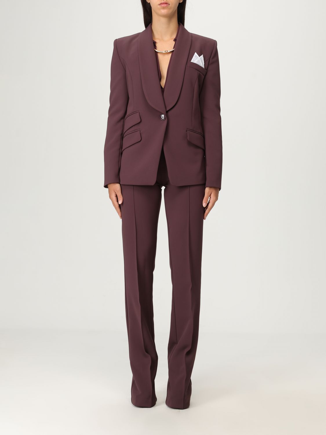 Elisabetta Franchi Coffee Suit With Flare Pants And V Neck In Brown