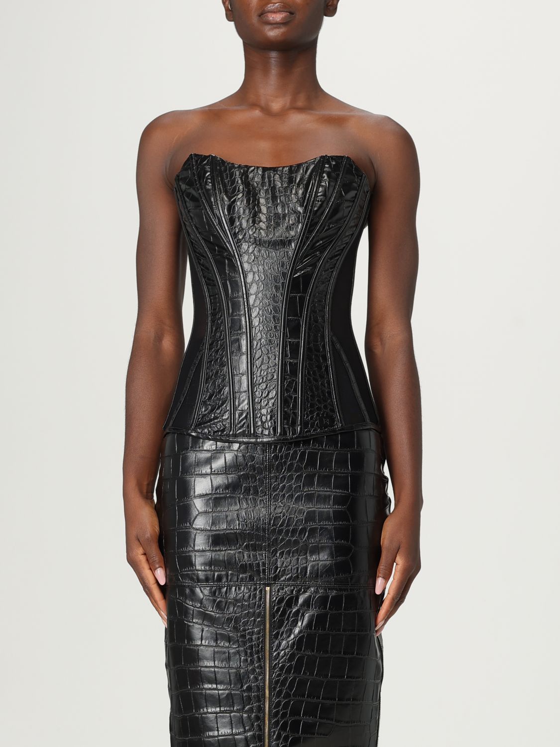 Elisabetta Franchi Bustier Top With Crocodile Texture And Sheer Panels In Black