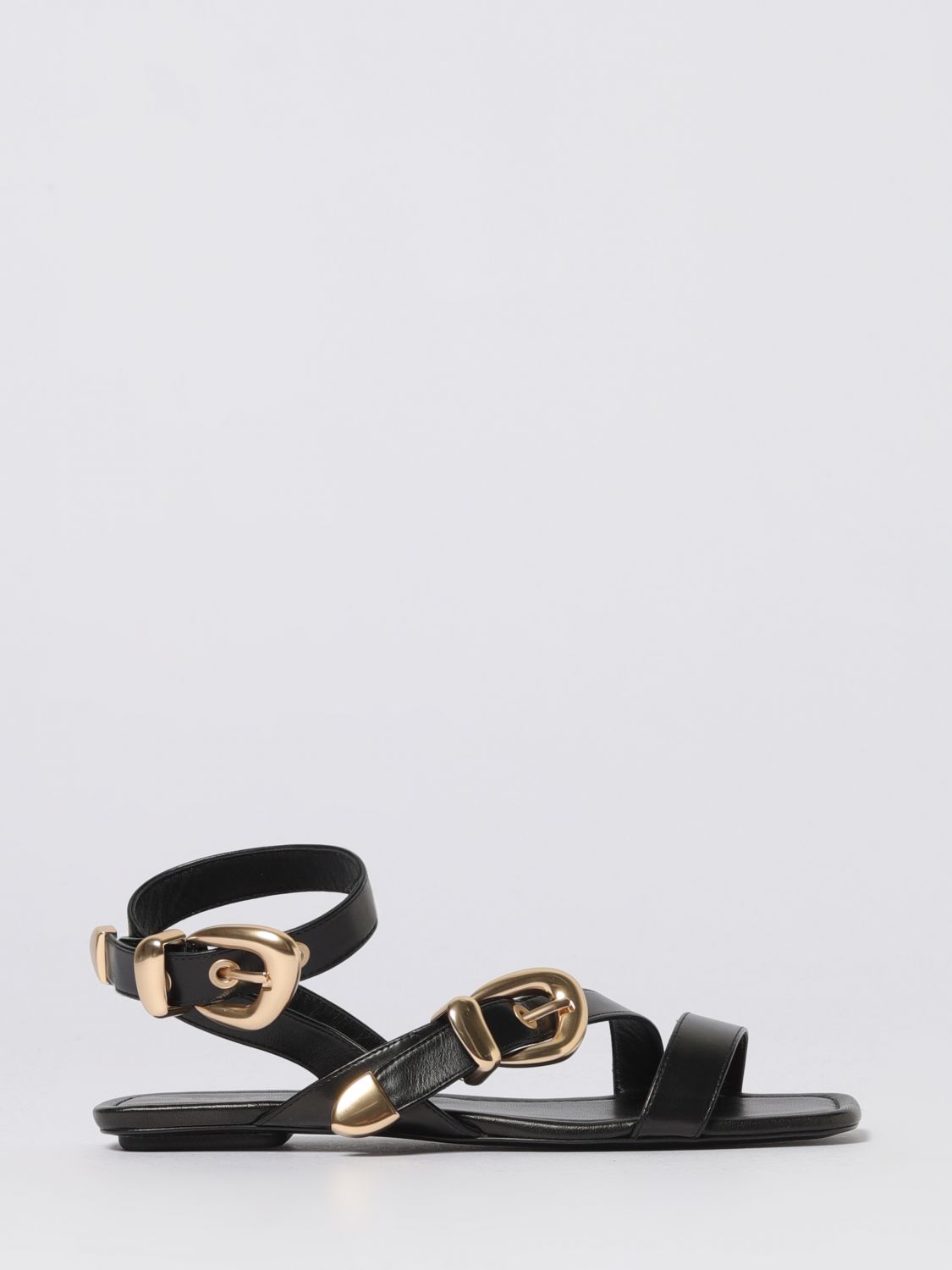 Stuart Weitzman Maven Leather Buckle Flat Sandals In Black