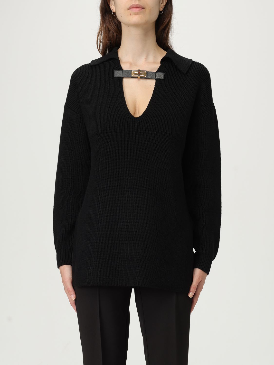 Elisabetta Franchi Ribbed Wool Blend Sweater In Black
