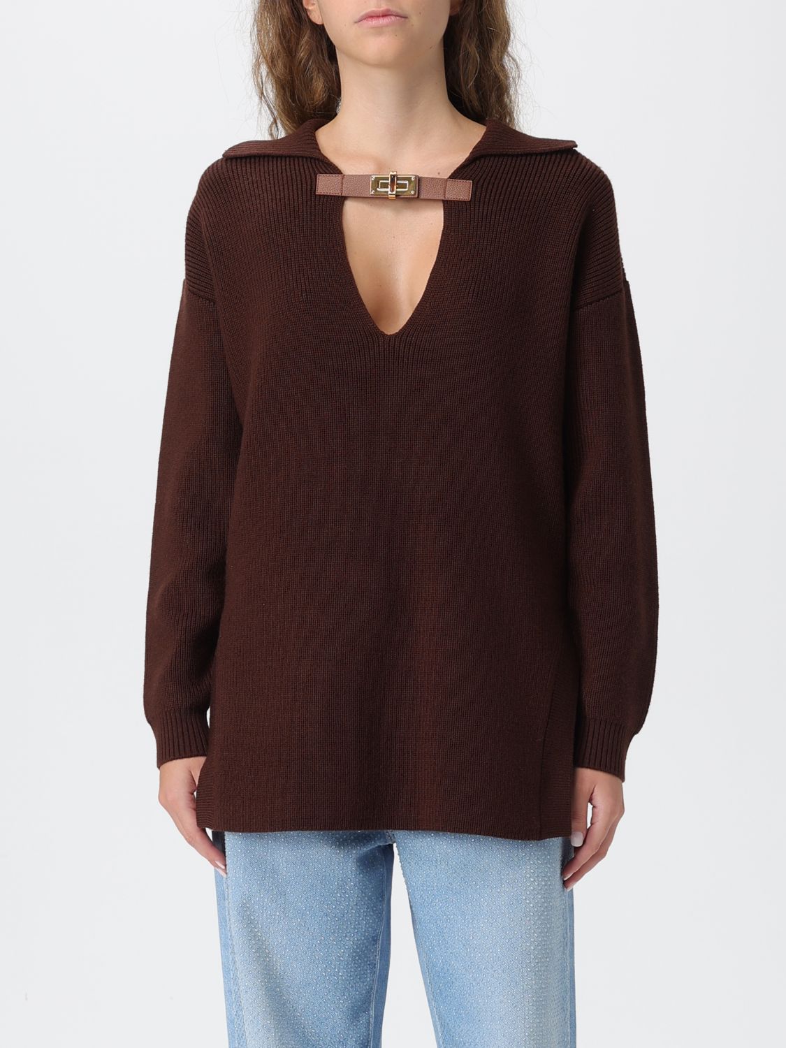 Elisabetta Franchi Knitwear Collared Design Long Sleeves Ribbed Texture V-neckline In Burgundy