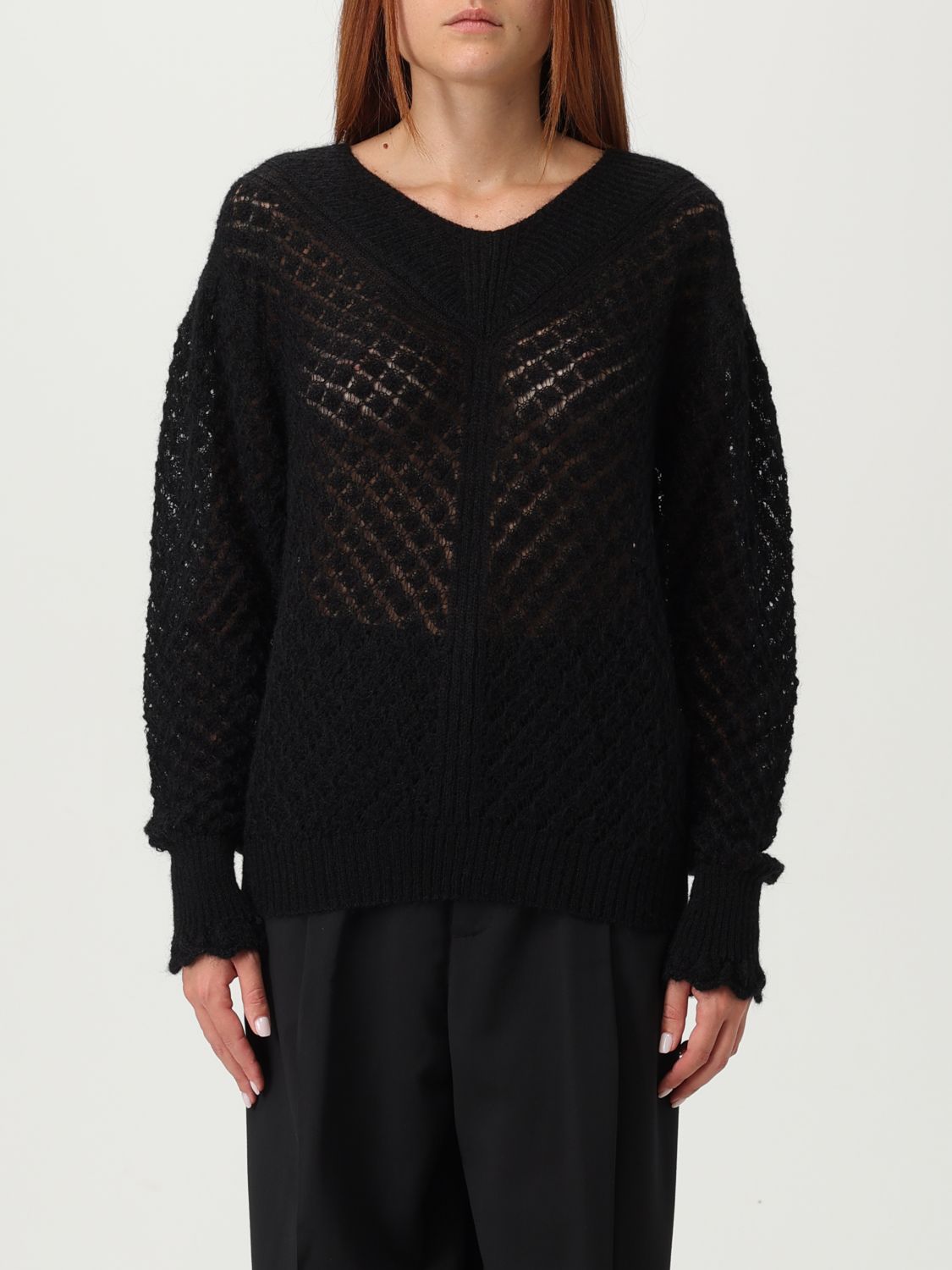 Twinset Open-knit Ruffled-cuff Sweater In Black