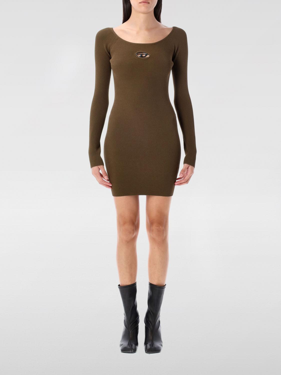 Diesel Women Green Ribbed Viscose M-vera Minidress In Brown