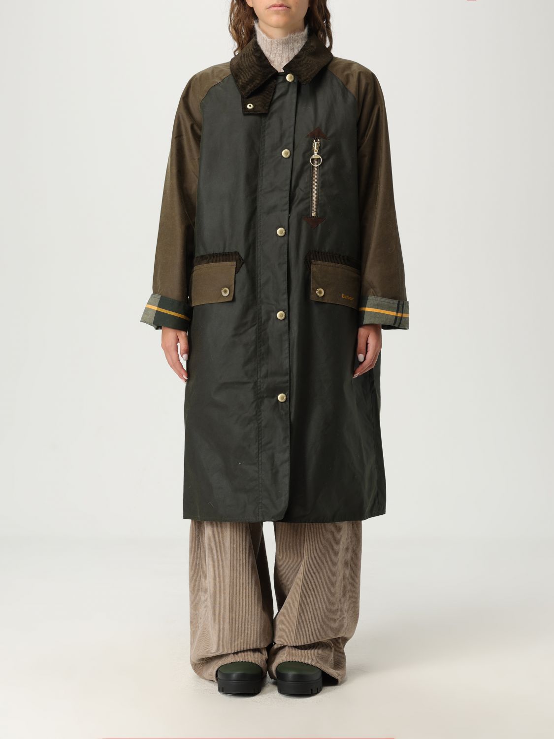 Barbour Long Length Waxed Jacket With Contrast Collar In Green