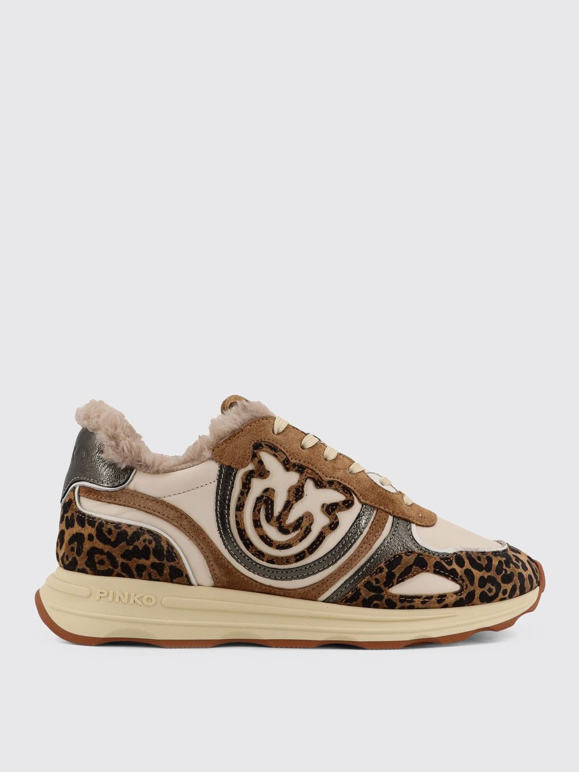 Pinko Zoe 01 Leather Sneakers With Leapadrata Pattern In Brown
