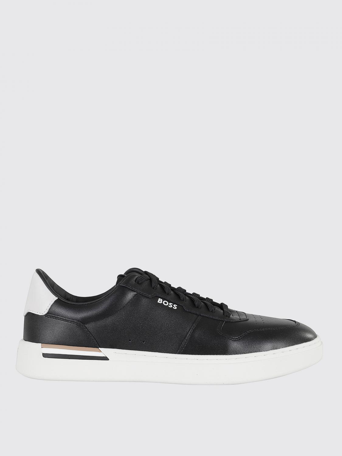 Hugo Boss Leather Trainers With Signature-stripe Details In Black