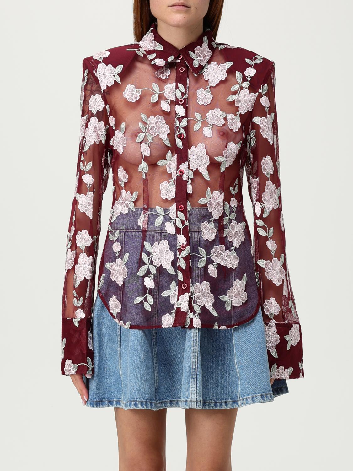 Rotate Birger Christensen Rotate Sheer Floral Embroidery Shirt With Classic Collar In Brown