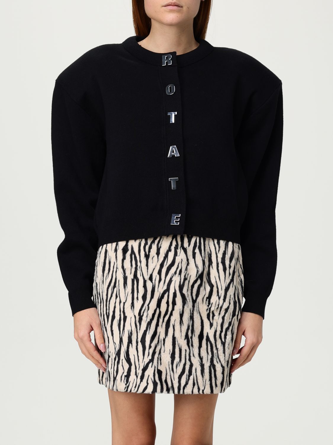 Rotate Birger Christensen Rotate Cropped Black Sweater With Padded Shoulders And Button Embellishments In Black