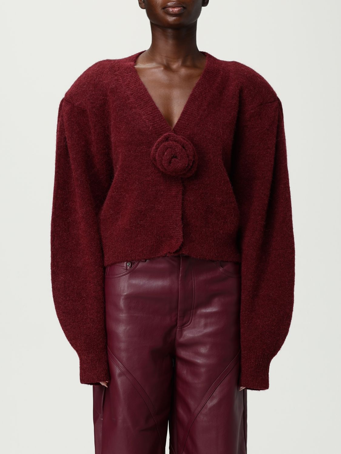 Rotate Birger Christensen Rose-embellished Puff-sleeve Cardigan In Red