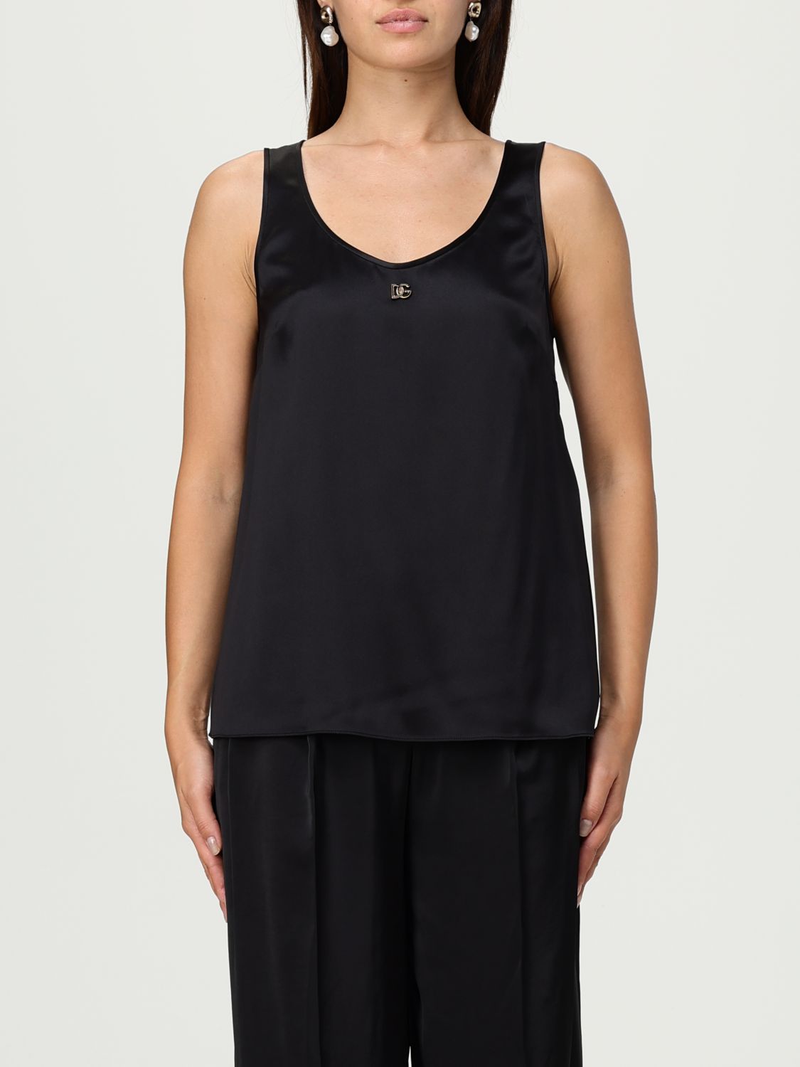 Dolce & Gabbana Satin Camisole Top With Logo In Black