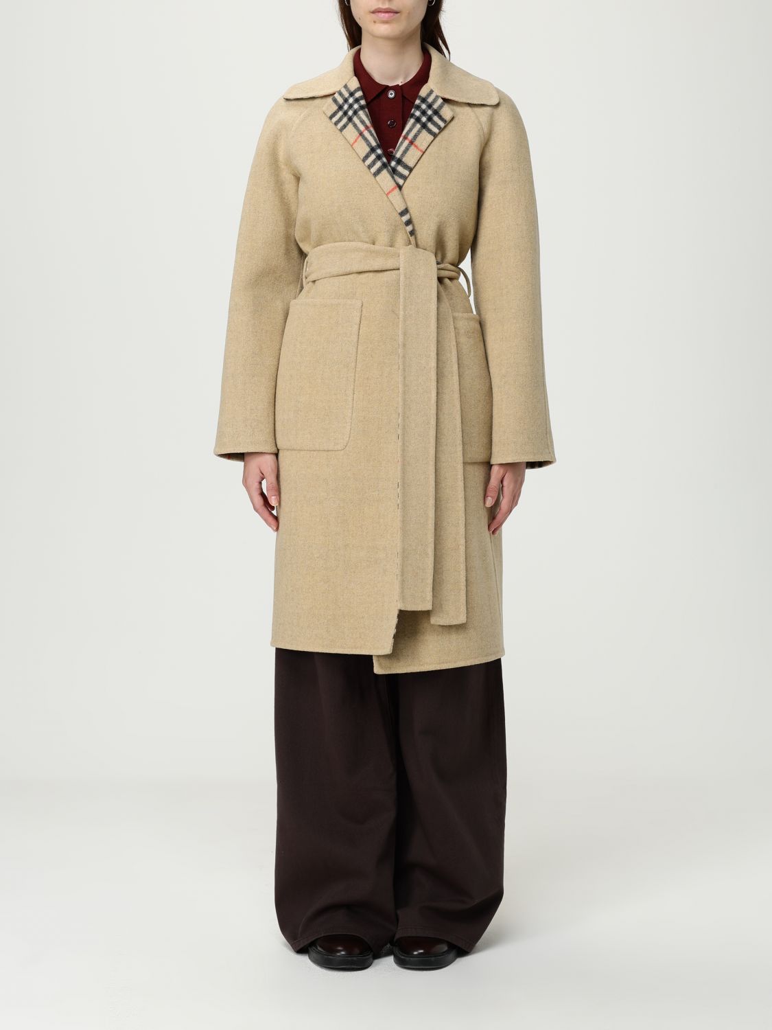 Burberry Women Reversible Wool Robe Coat In Brown