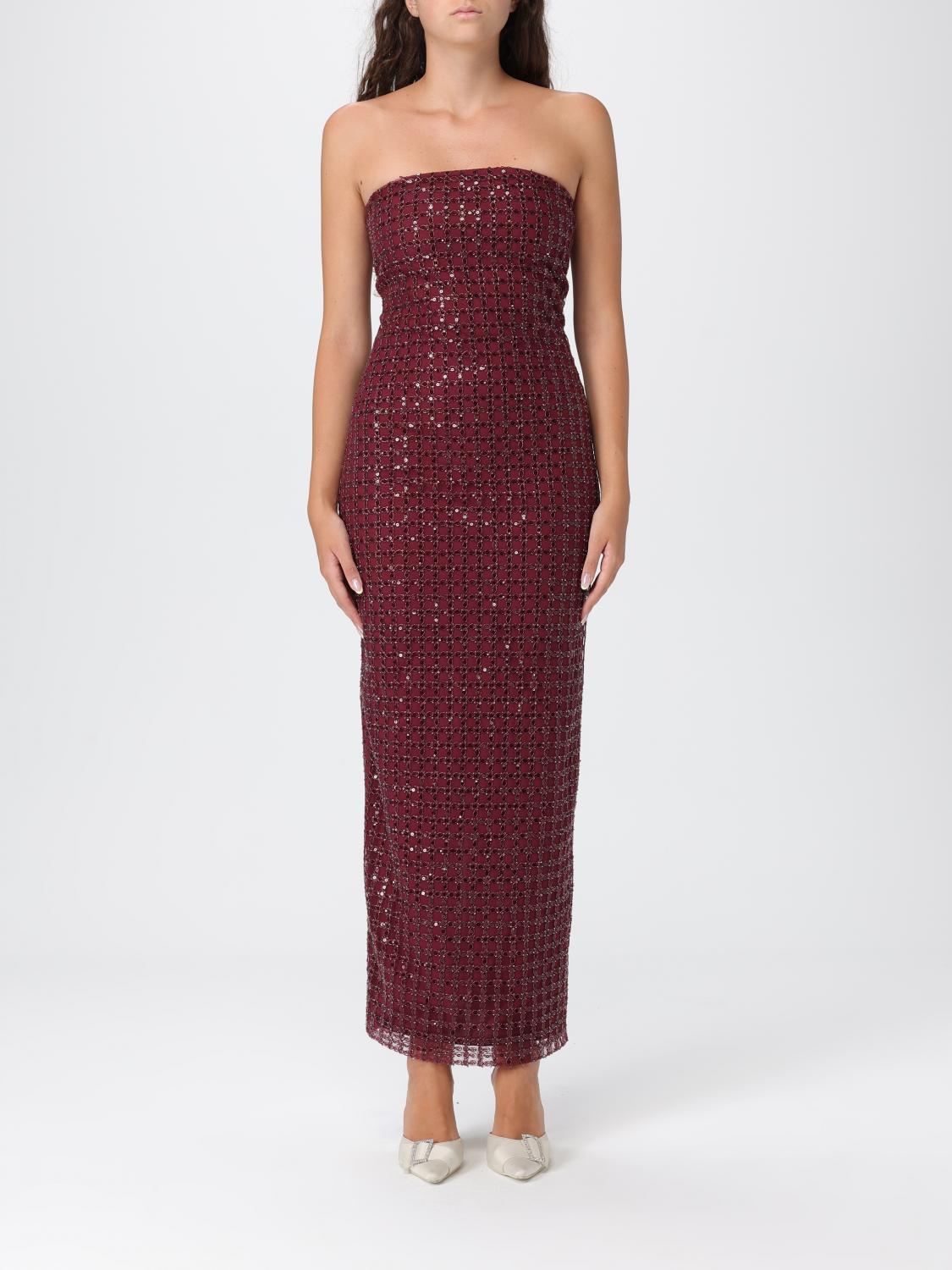 Rotate Birger Christensen Floor-length Burgundy Strapless Evening Dress With Sequined Detailing In Brown