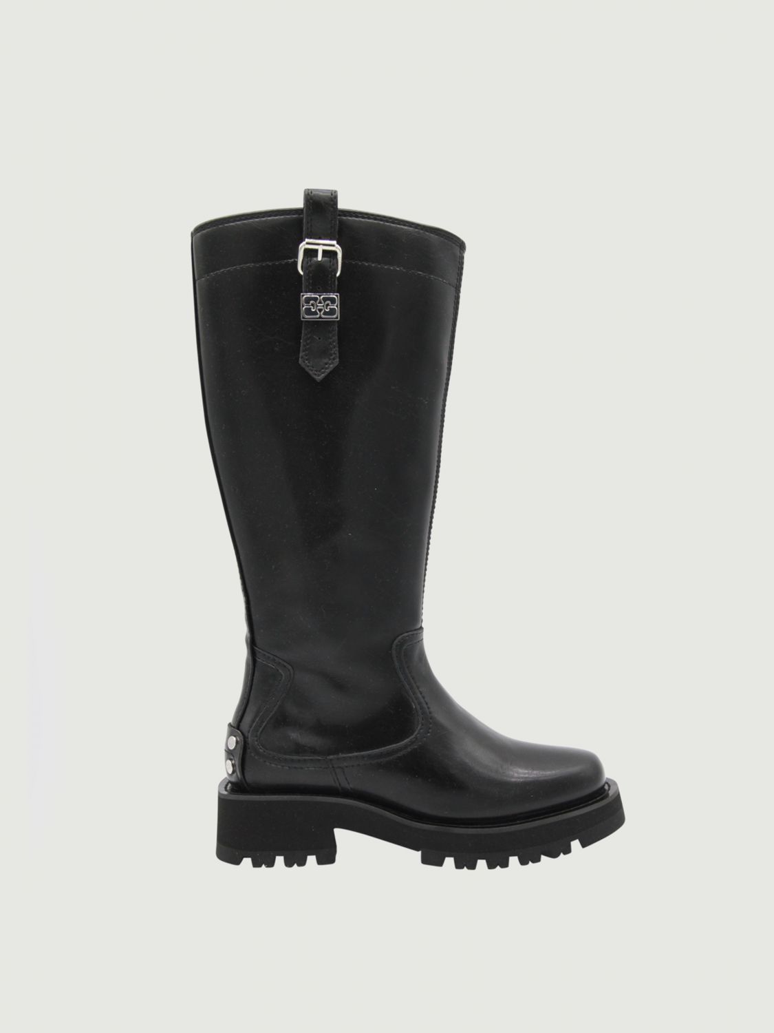 Ganni Buckle Knee-high Leather Lug Round Boots In Black