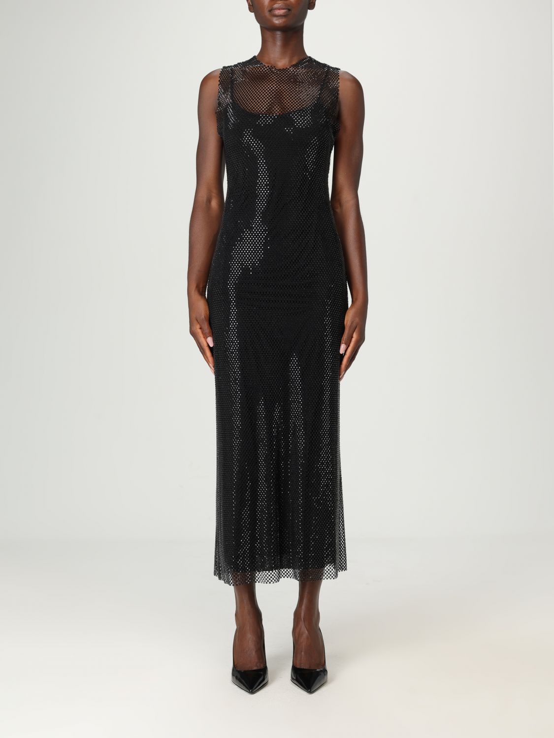 Alberta Ferretti Rhinestone Mesh Midi Dress In Black