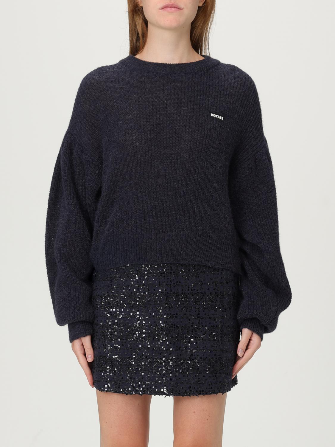 Rotate Birger Christensen Crew Neck Cropped Knit Puff Sweater In Black